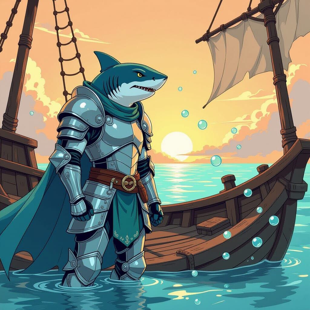 A stoic shark warrior clad in shining armor, standing on a s...