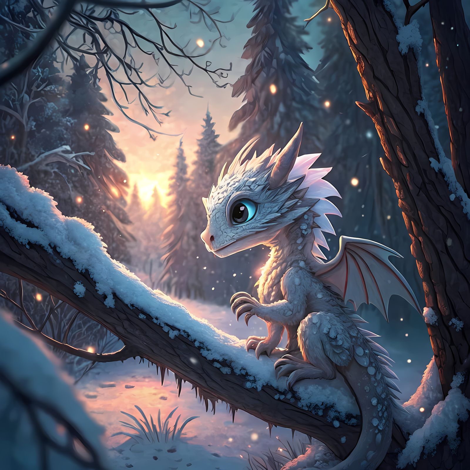 Chibi Dragon in Snow-Covered Forest: Ghibli-Inspired Art