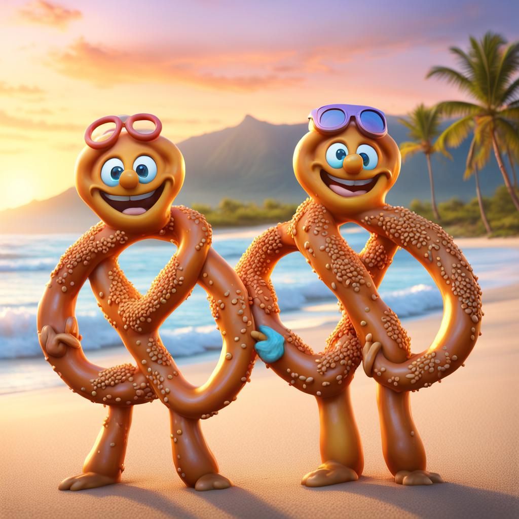 Funny Pretzel People on Hawaii Beach at Sunset