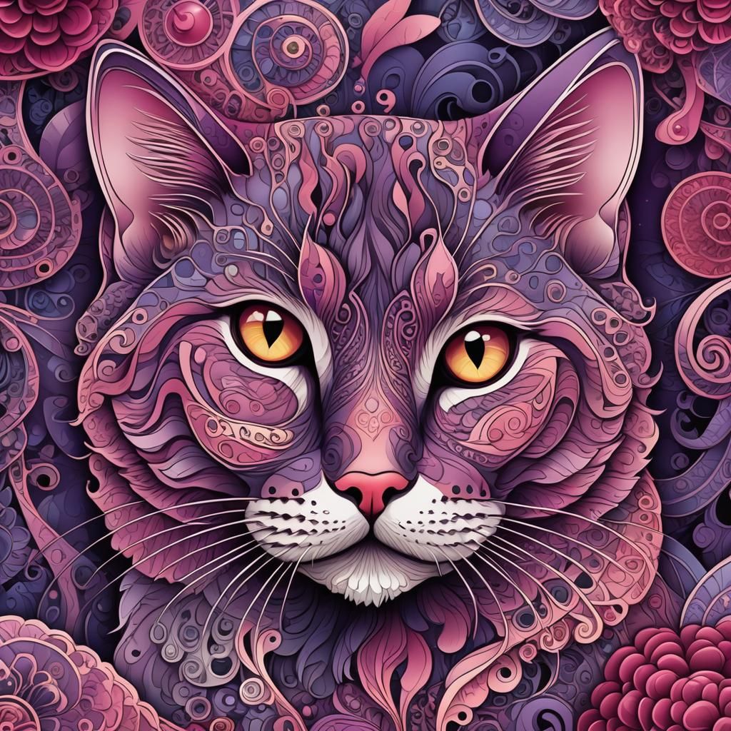 Scottish Fold Cat with Raspberry in Zentangle Style