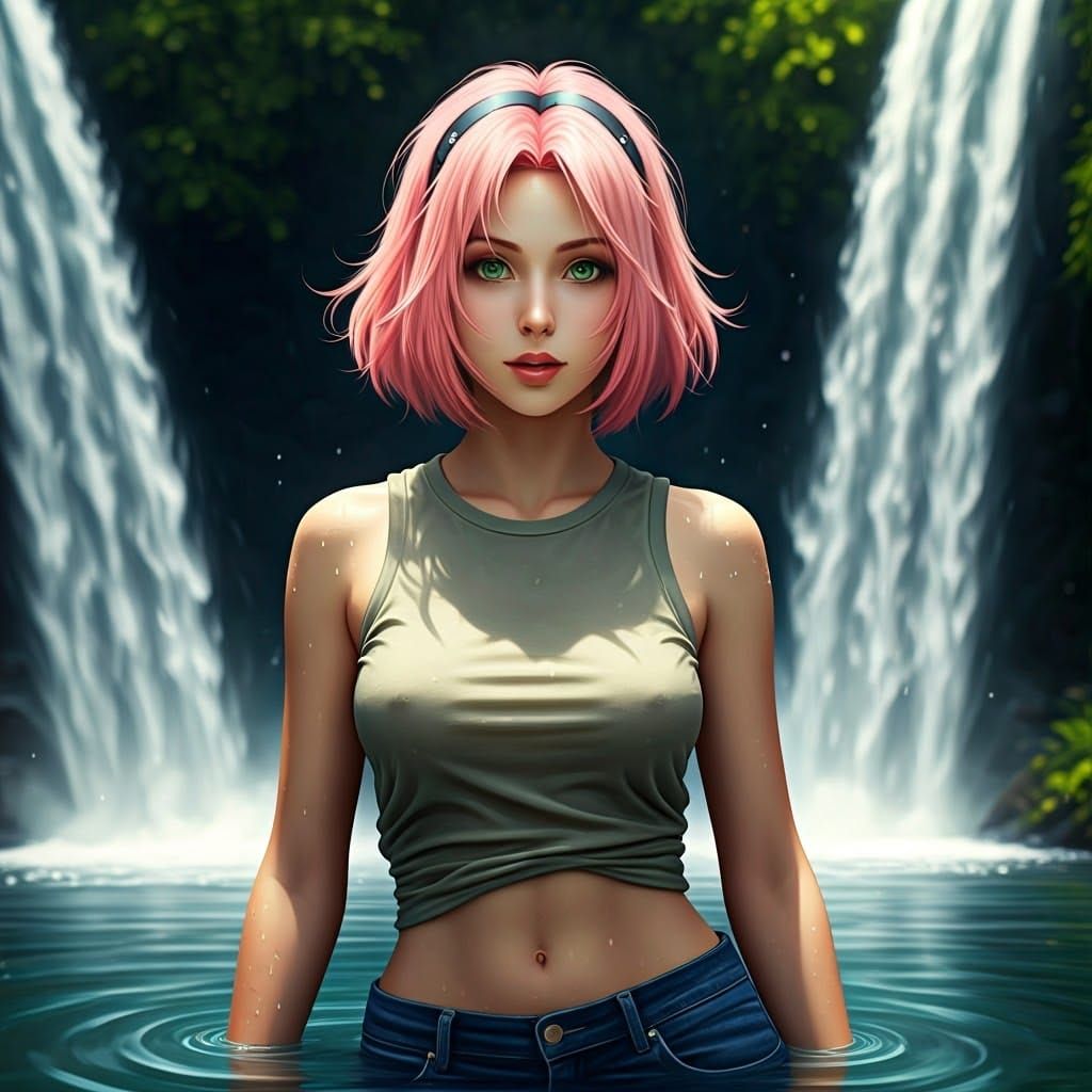 Sakura Haruno Under Waterfall in Hyperrealistic Digital Art