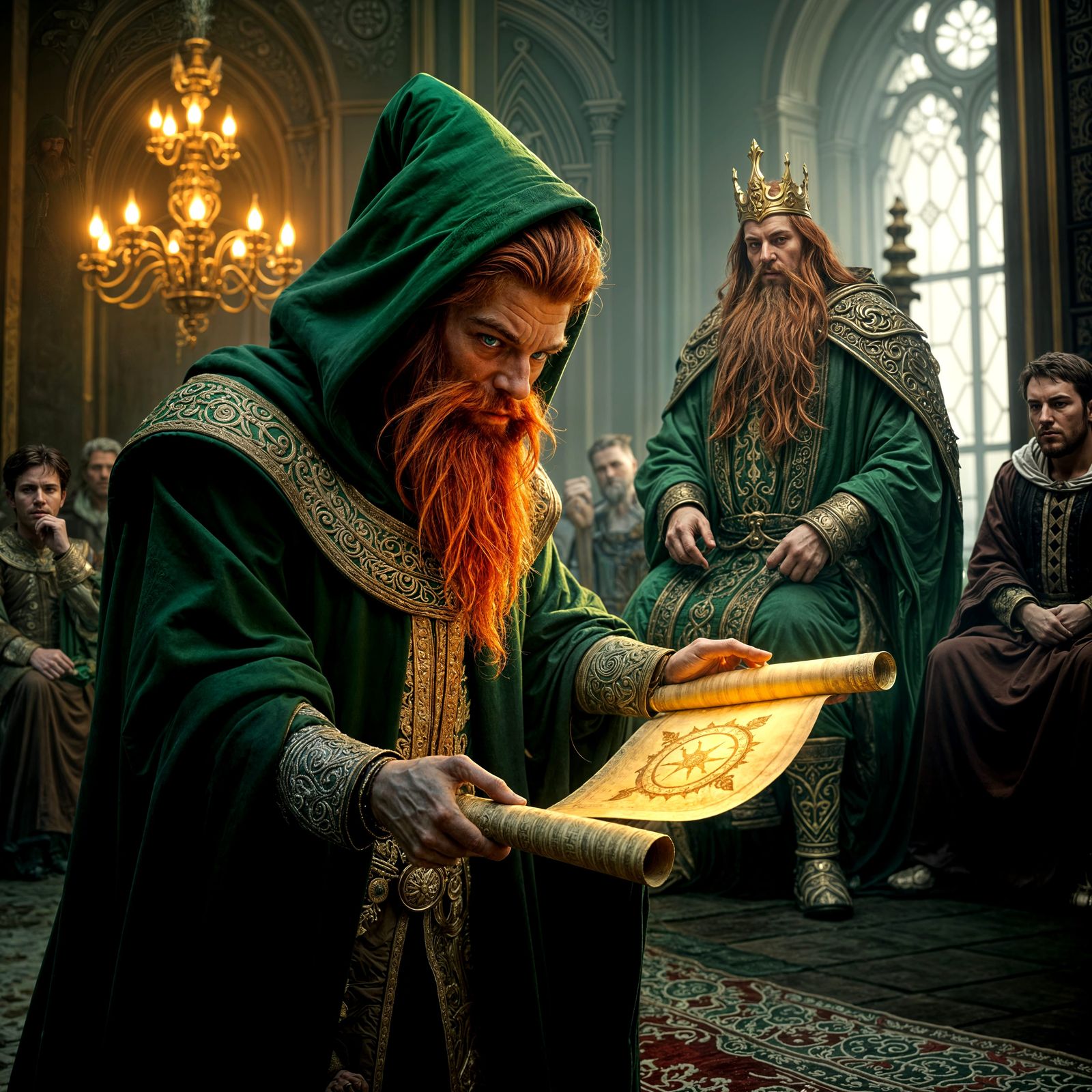 Leprechaun Emissary Confronts King in Mistveil Throne Room