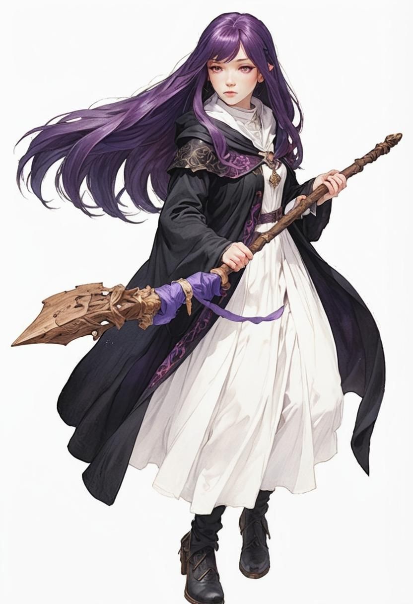 Mystical Witch with Magical Staff on White Background