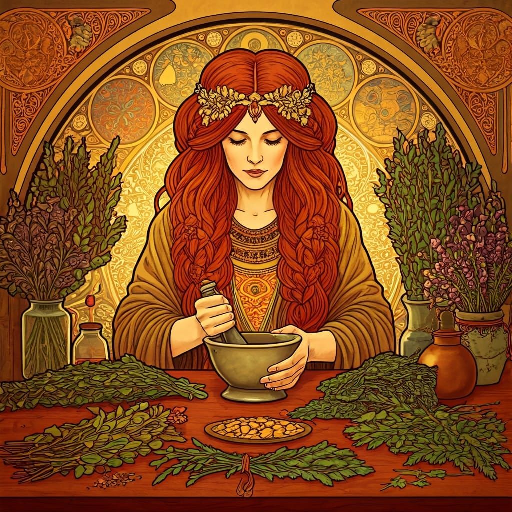 Druidess Making Herbal Medicine in Art Nouveau Style