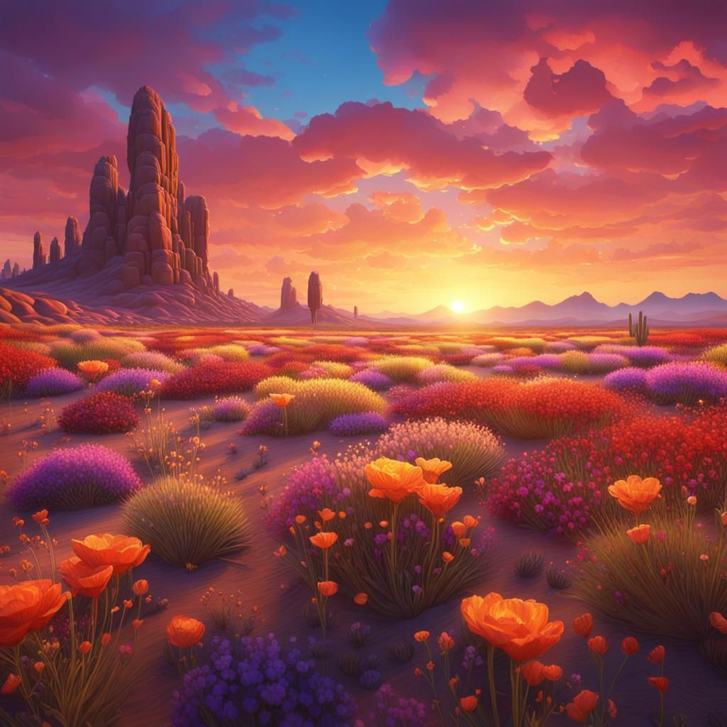 Desert Flowers Flourish in Impressionistic Sunset