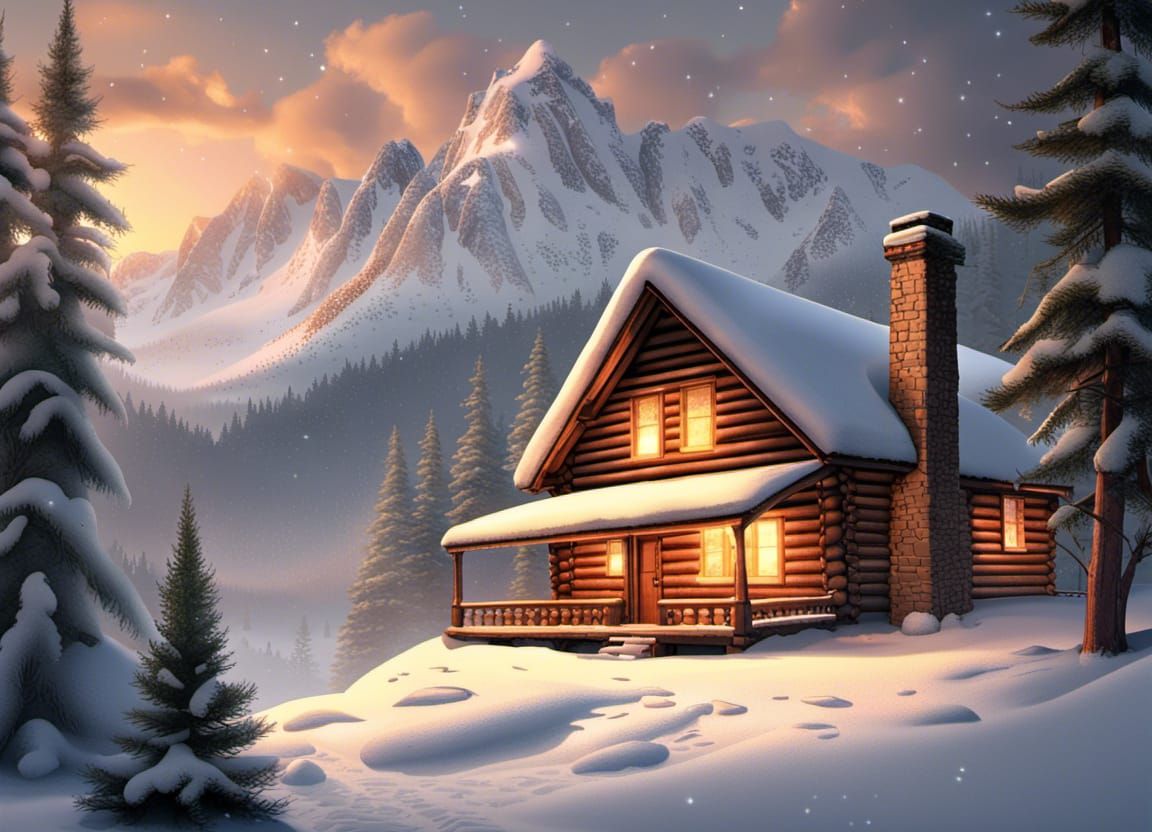 Log Cabin in Snow-Covered Mountain Valley