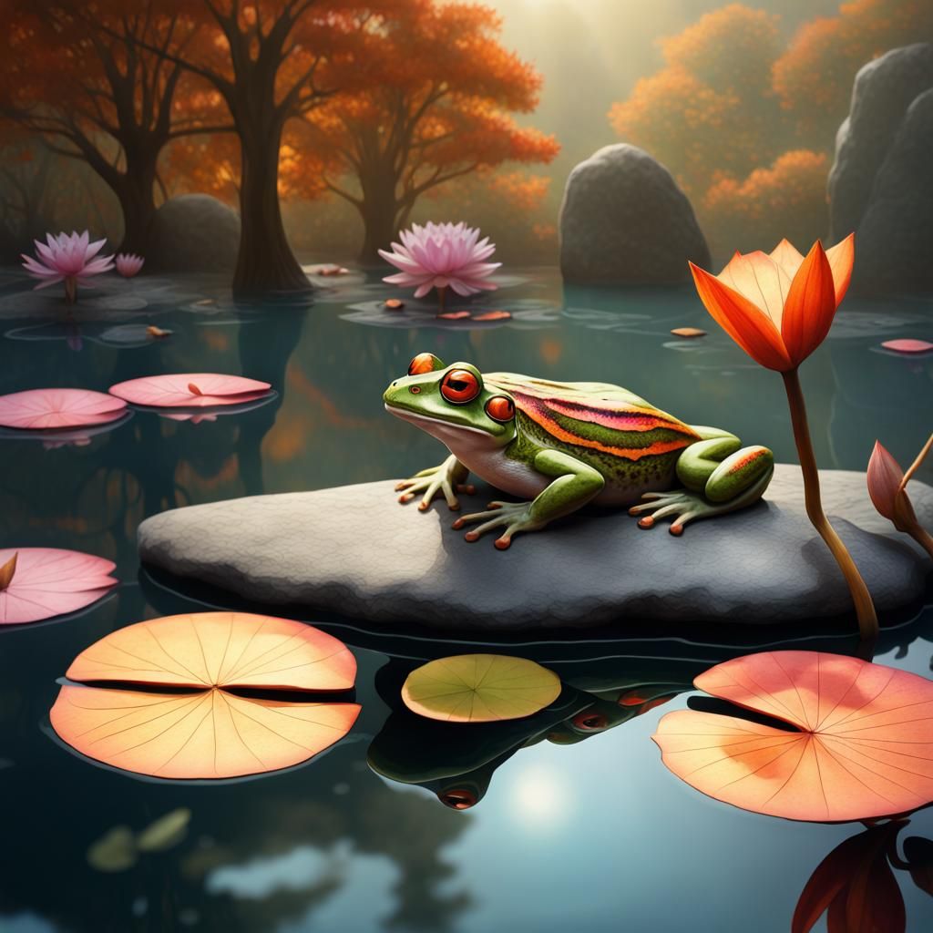 Hyperrealistic Frog in Pond with Autumn Leaves