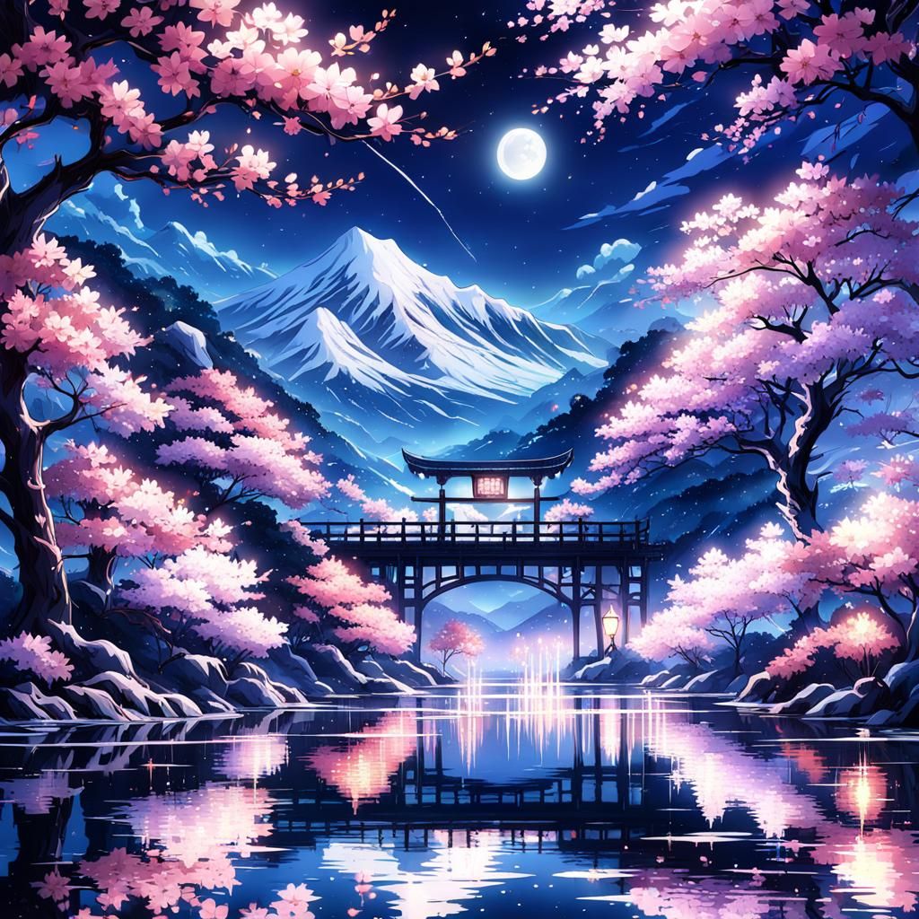 Cherry Blossom Lake: Anime Art at Midnight