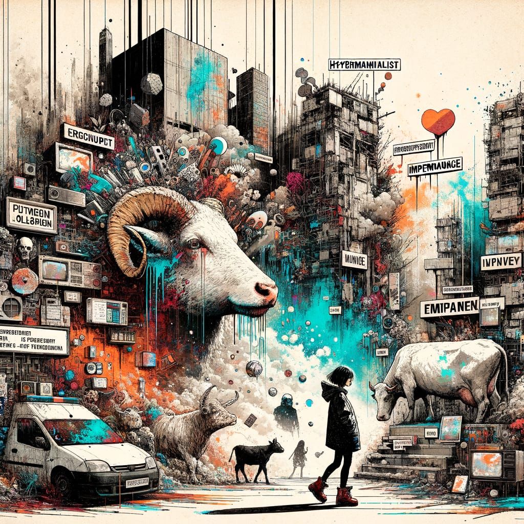 Girl and Cow in Hypermaximalist Punk Collage Scene