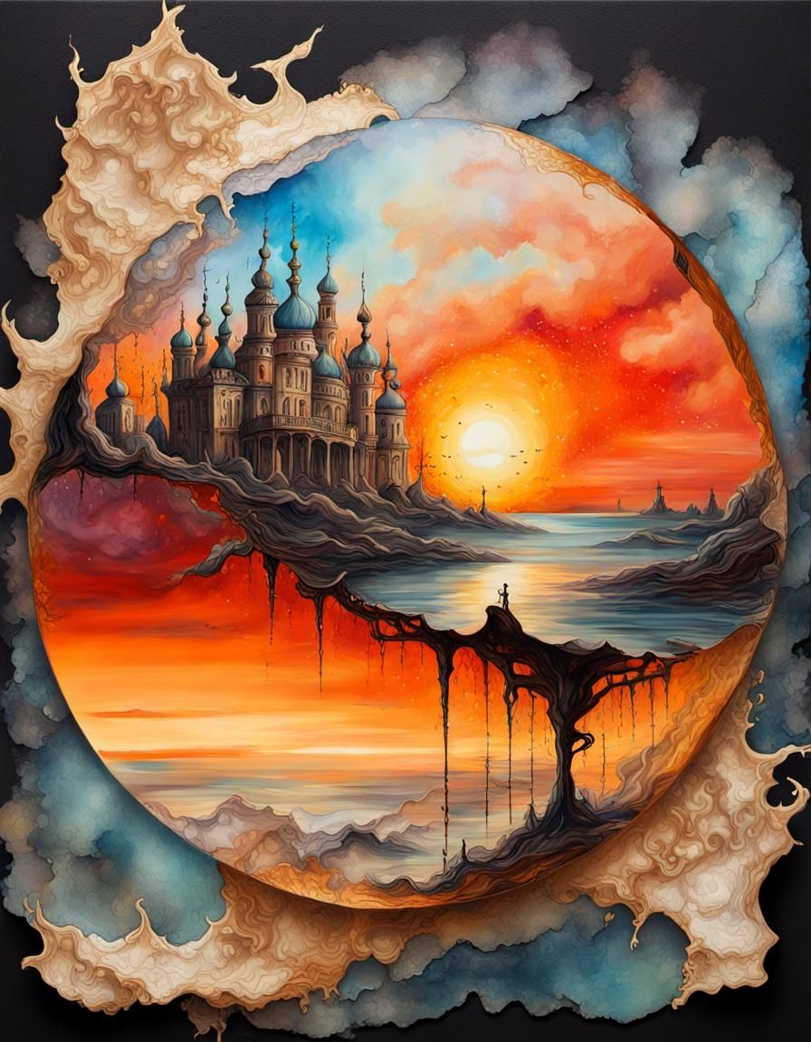 Surreal Sunset: Worlds Collide in Rococo Oil Painting