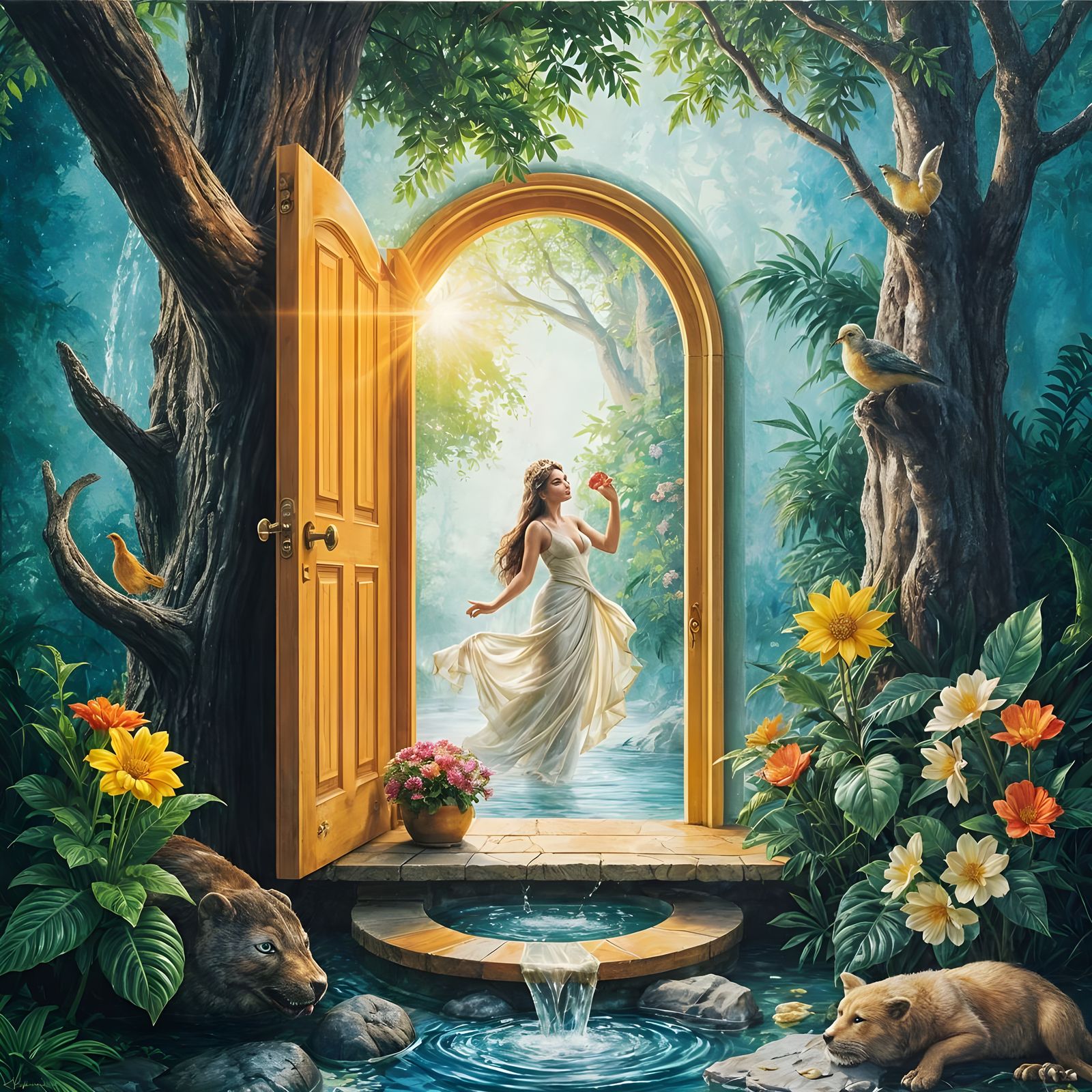 Rainforest Goddess Doorway in Gouache Style