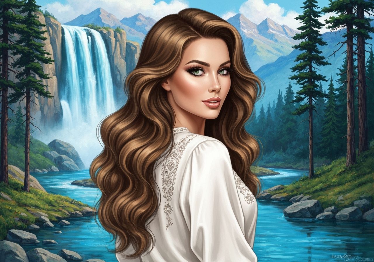Elegant Slavic Woman by Mountain Waterfall