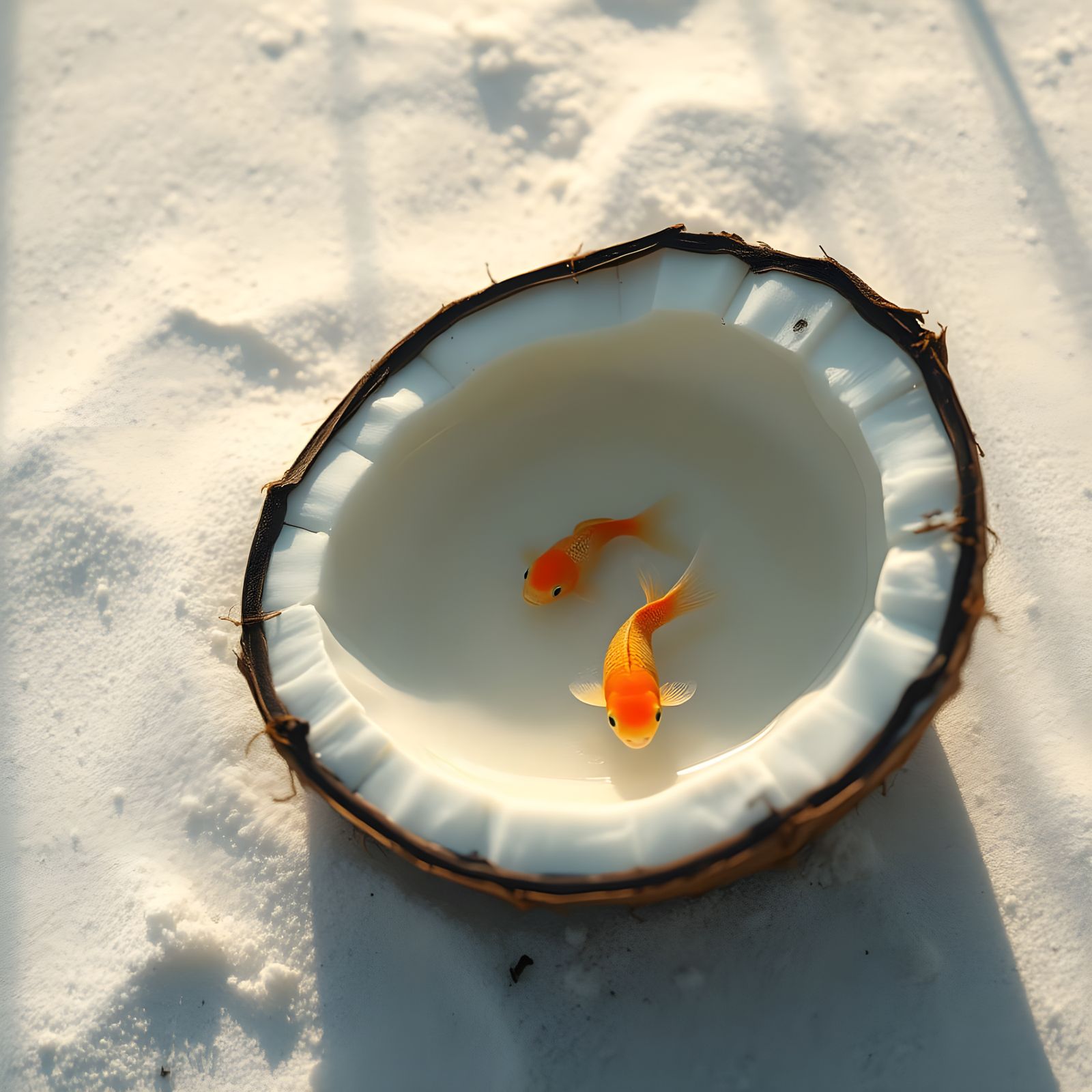 Coconut Zen Pond with Goldfish in Sunlight