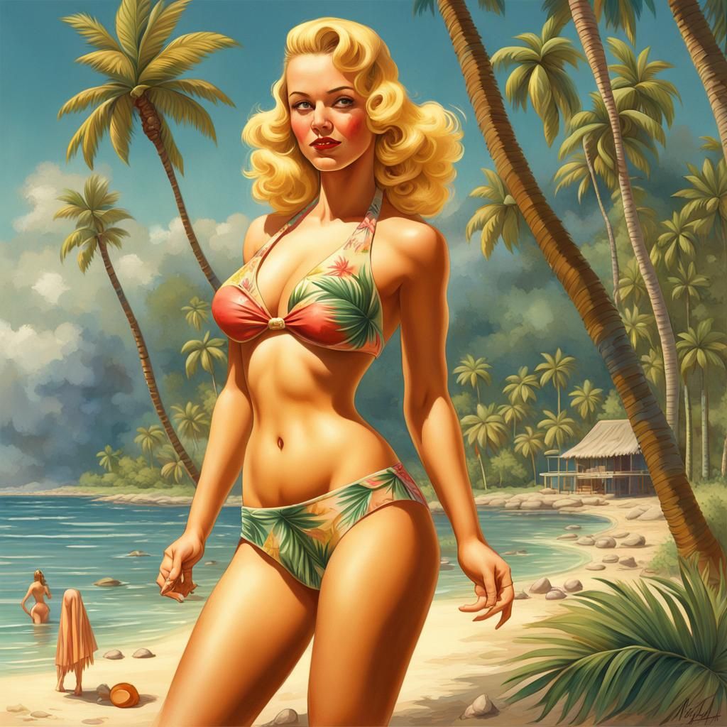 Vintage Pin-Up Girl on Tropical Beach, Hyperrealistic Art