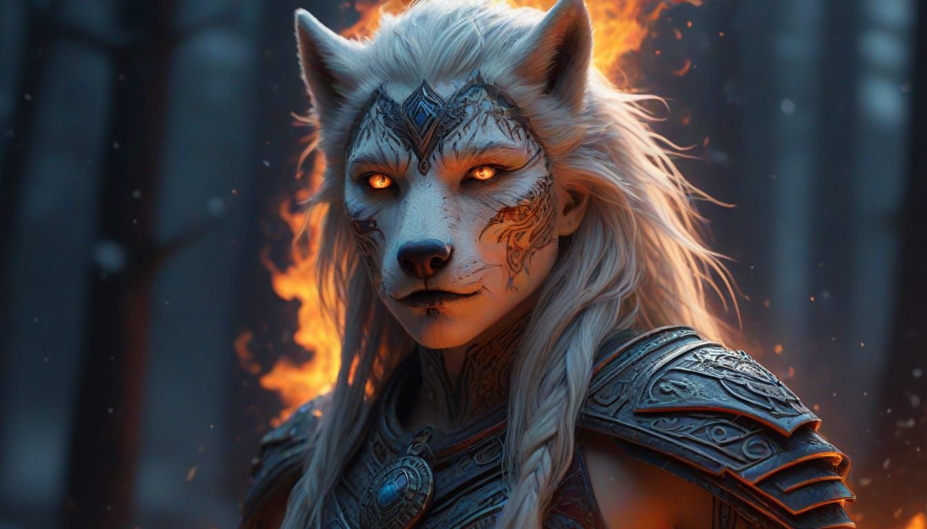 White Wolf Transforms Into Warrior Woman Amidst Fire and Ash