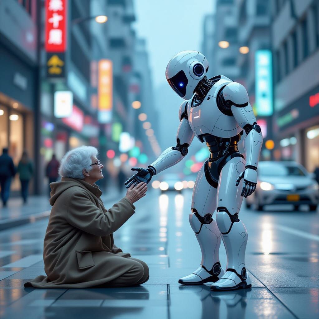 Robot Assists Elderly Person in Futuristic Cityscape