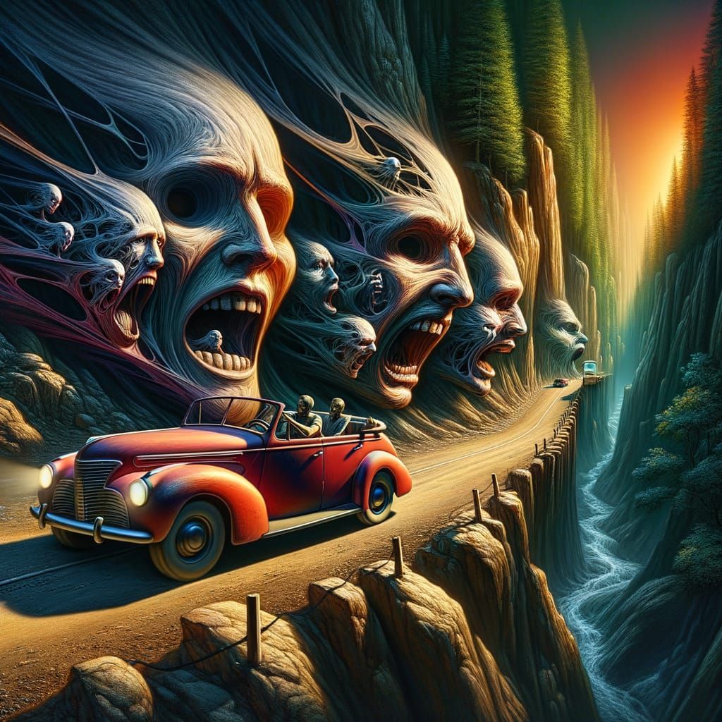 Mysterious Travelers on a Perilous Cliffside Road