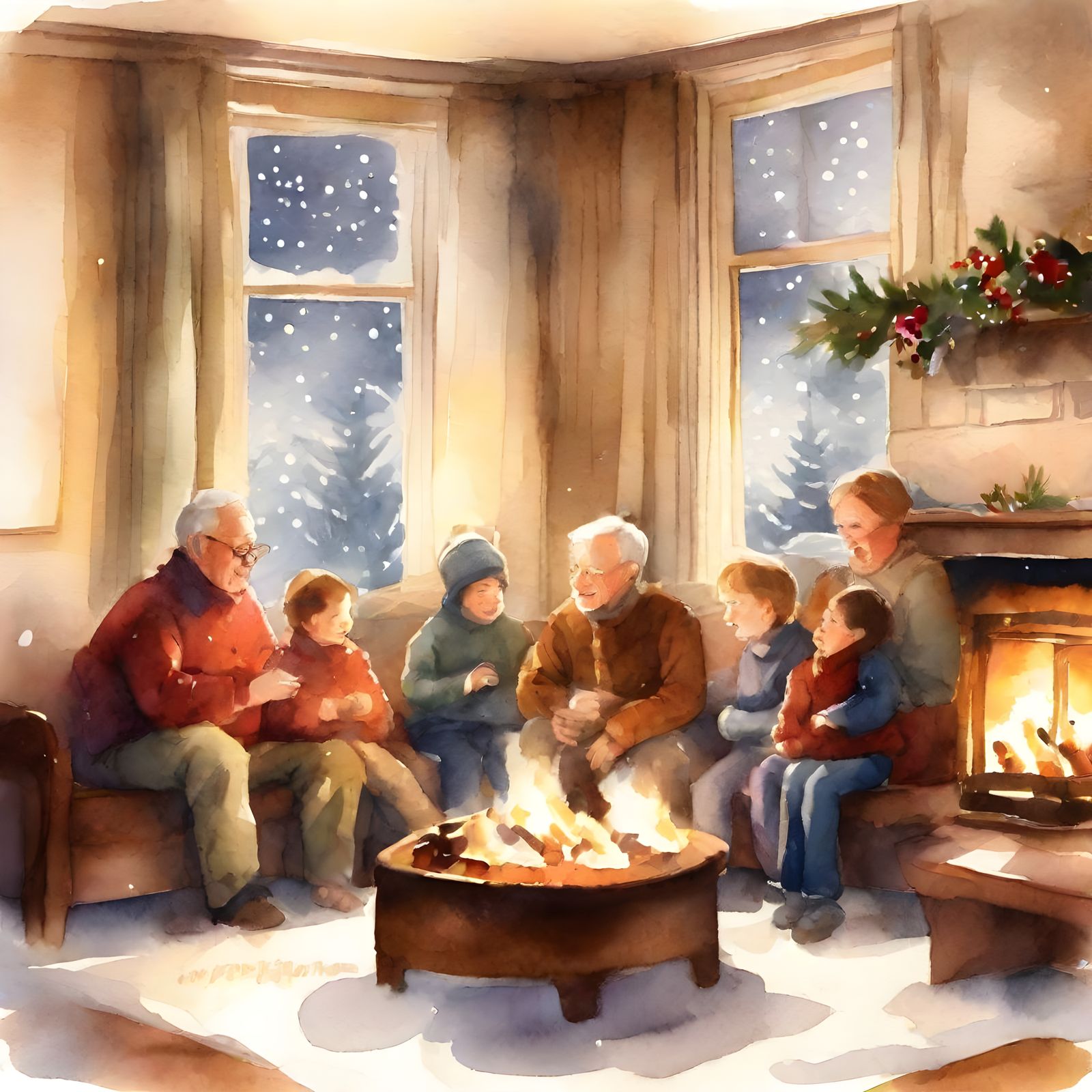 Cozy Watercolor: Family by Fireplace on Snowy Day