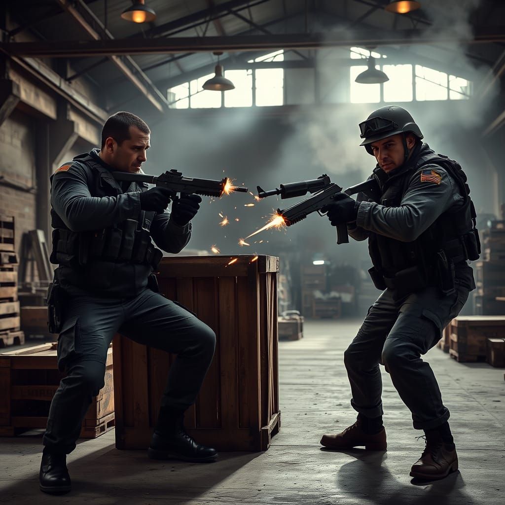 Intense Warehouse Gunfight Between Two Modern Soldiers