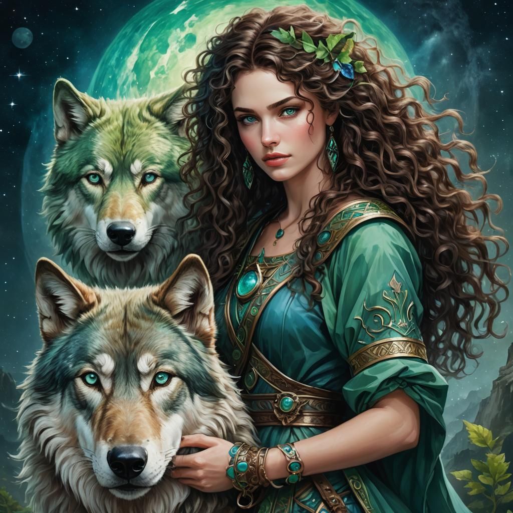 Brunette Woman with Green Wolf of Uranus