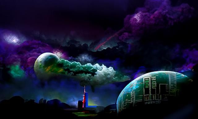 Clocktower on Neon Planet: Geometric Photorealistic Art