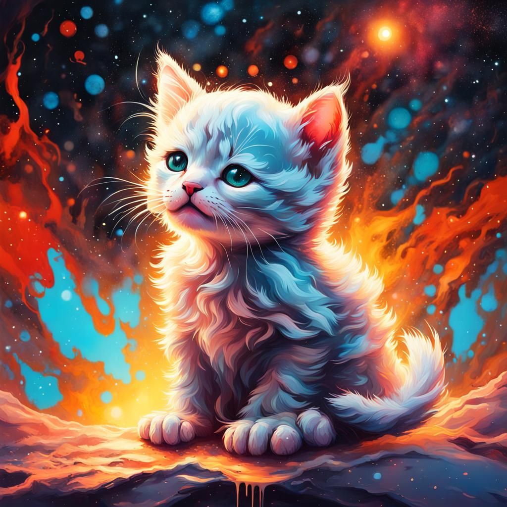 Glowing Fire Kitten in Galactic Snow Graffiti Art