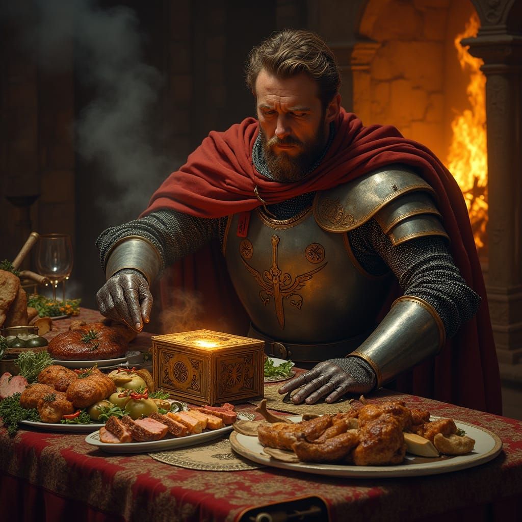 Medieval Knight Amidst Opulent Feast in Fiery Ambiance