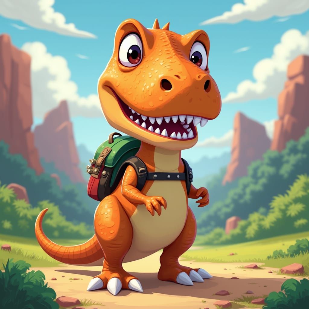 Cartoon Tyrannosaurus Rex Teaches in Prehistoric Landscape