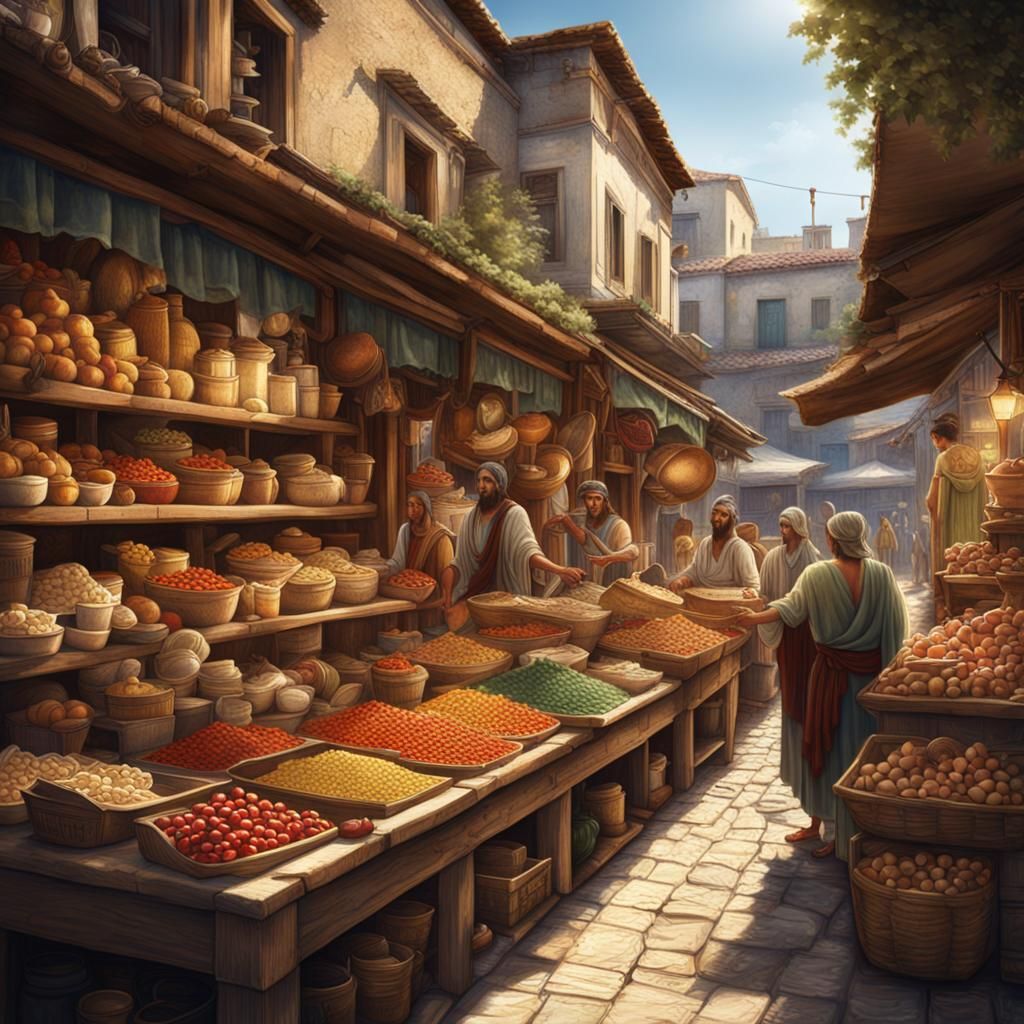 Ancient Greek Market Scene in Athens: Mosaic Style