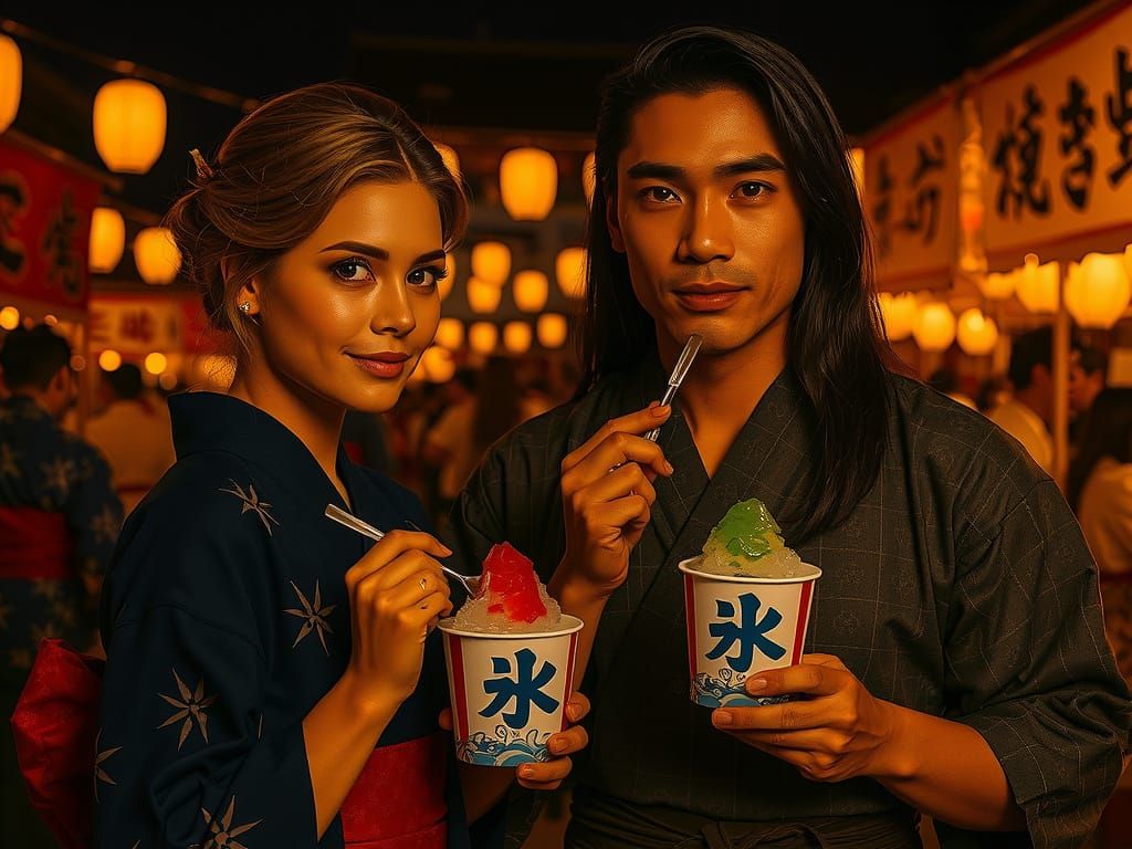 Ukiyo-e Style Couple Enjoying Shaved Ice