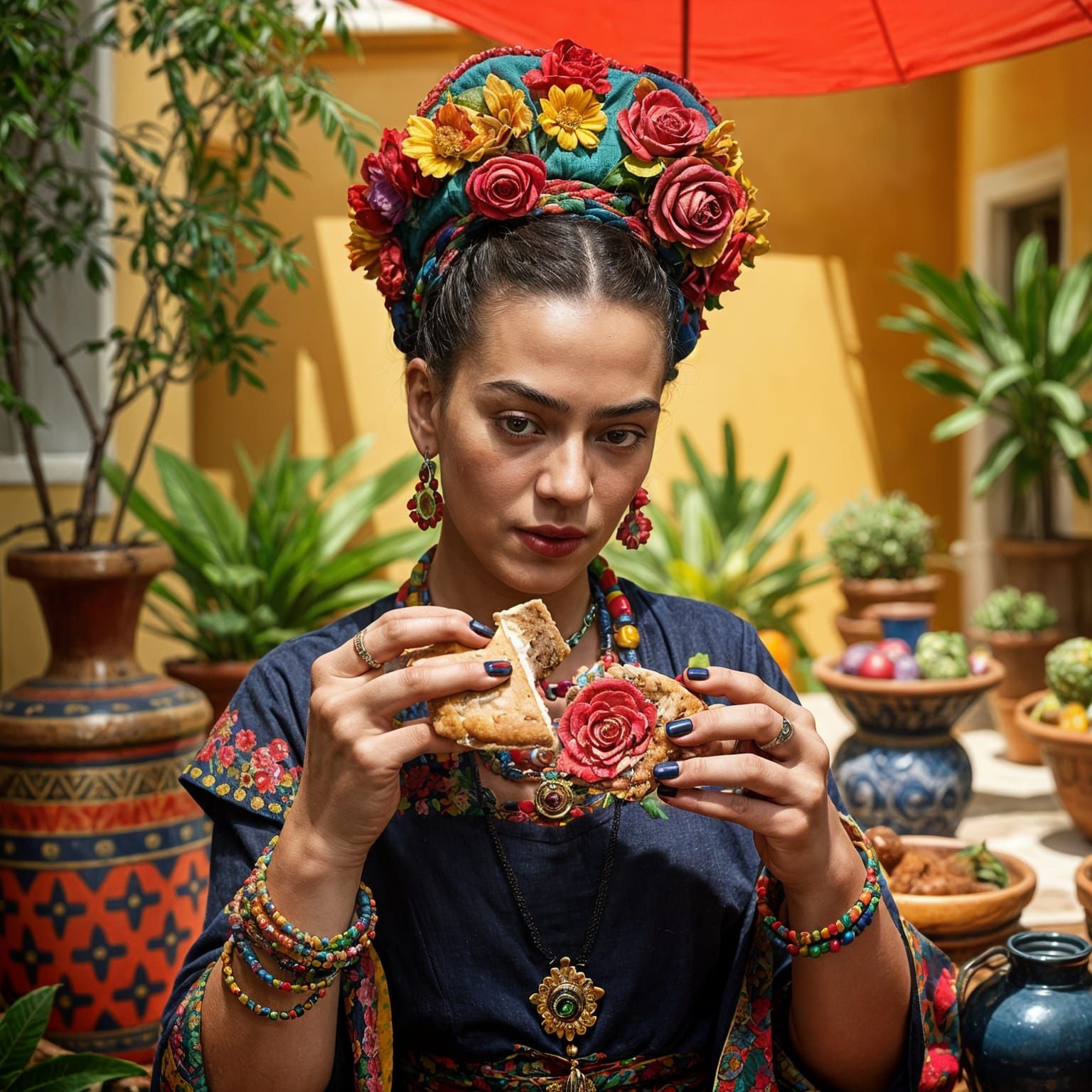 Vibrant Frida Kahlo Savoring Whimsical Breakfast
