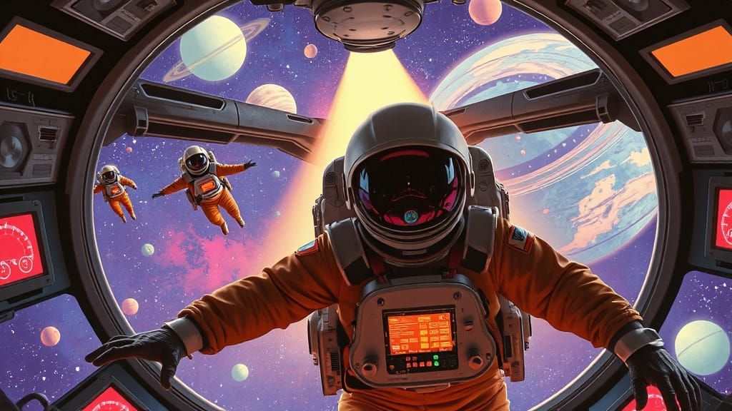 A rocket ship blasting off into a sky full of stars and planets. The interior of a futuristic ship with glowing controls...