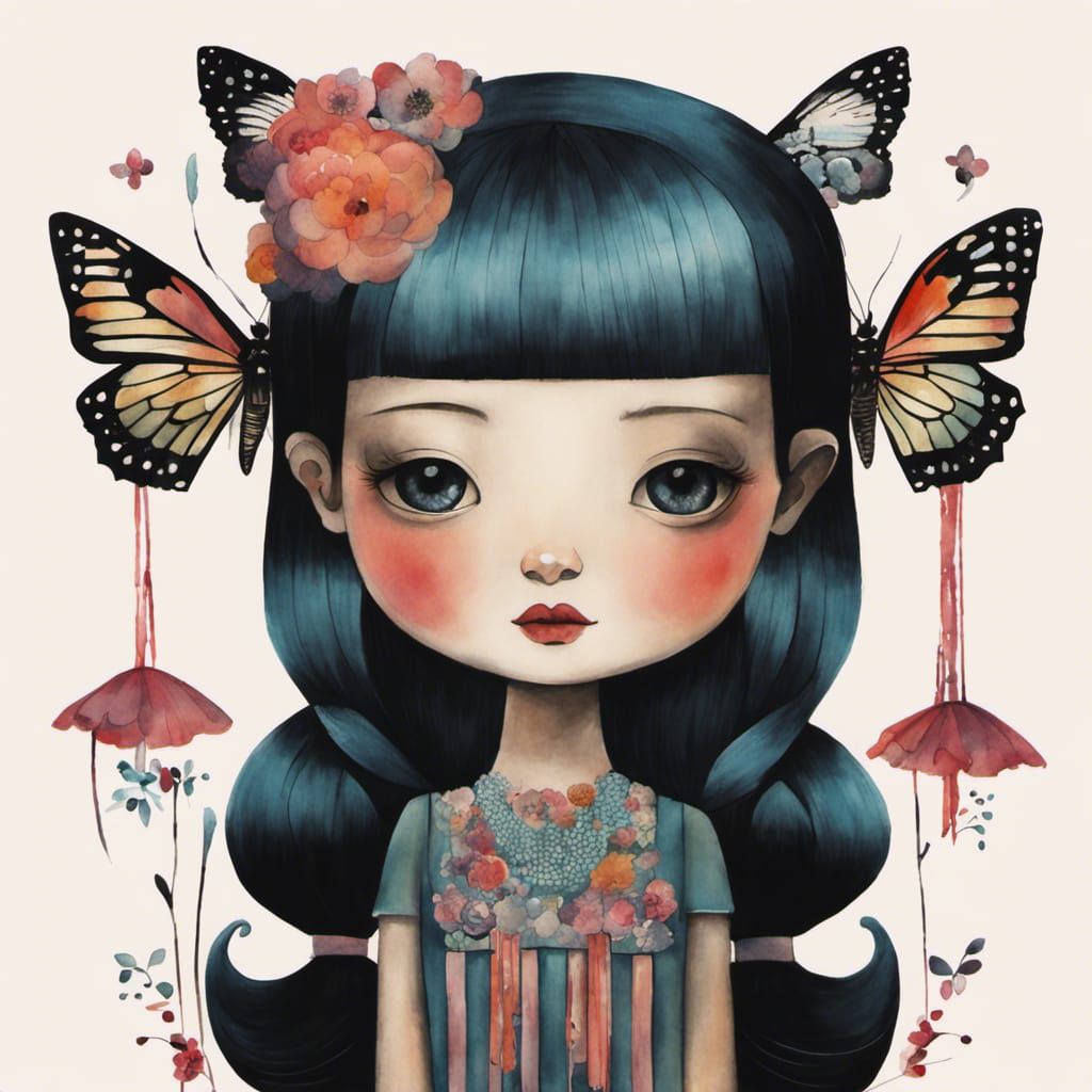 Moody Girl in Watercolor Art Brut Style