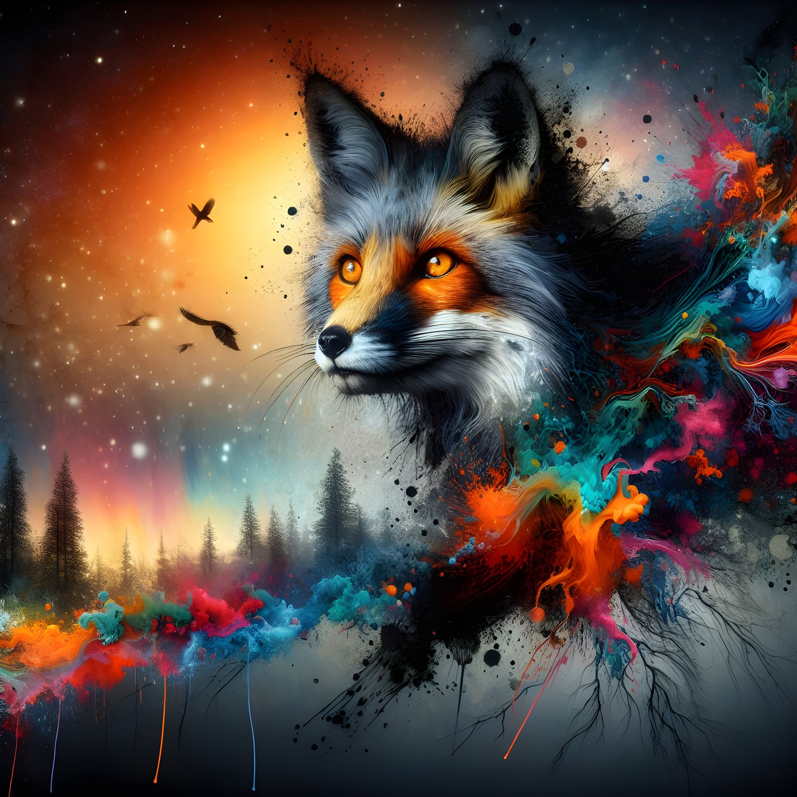 Fox in Ink Splatter Art on Winter Night