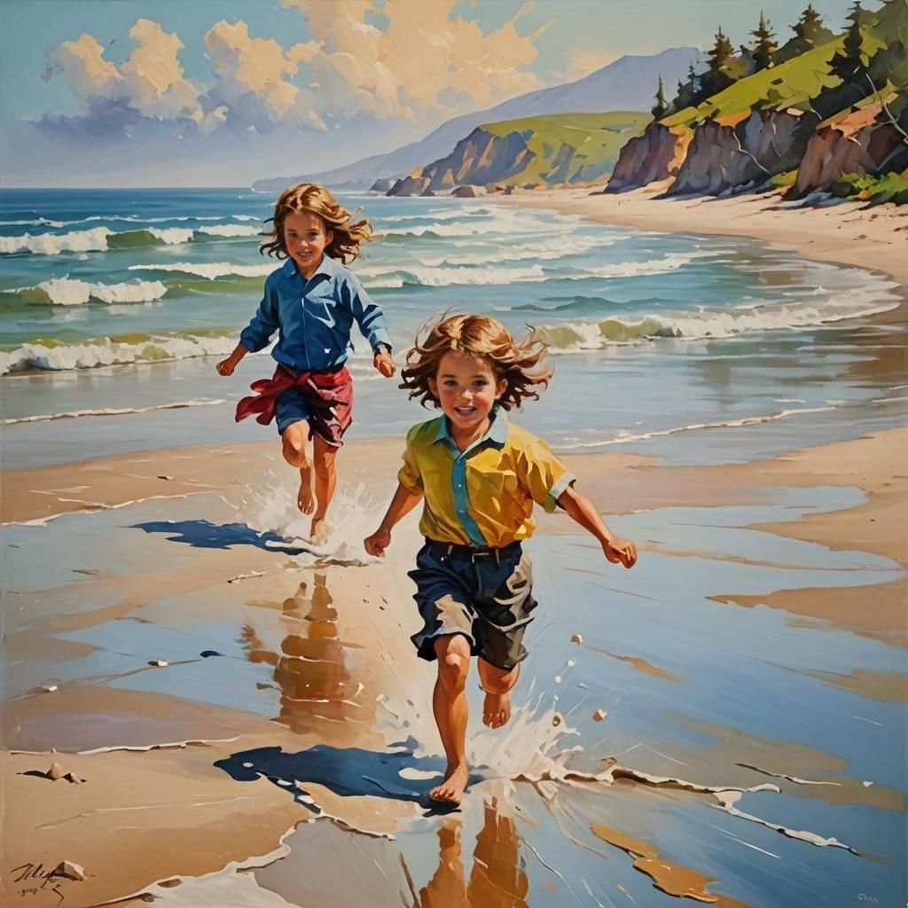 Children Running on Beach as Oil Painting