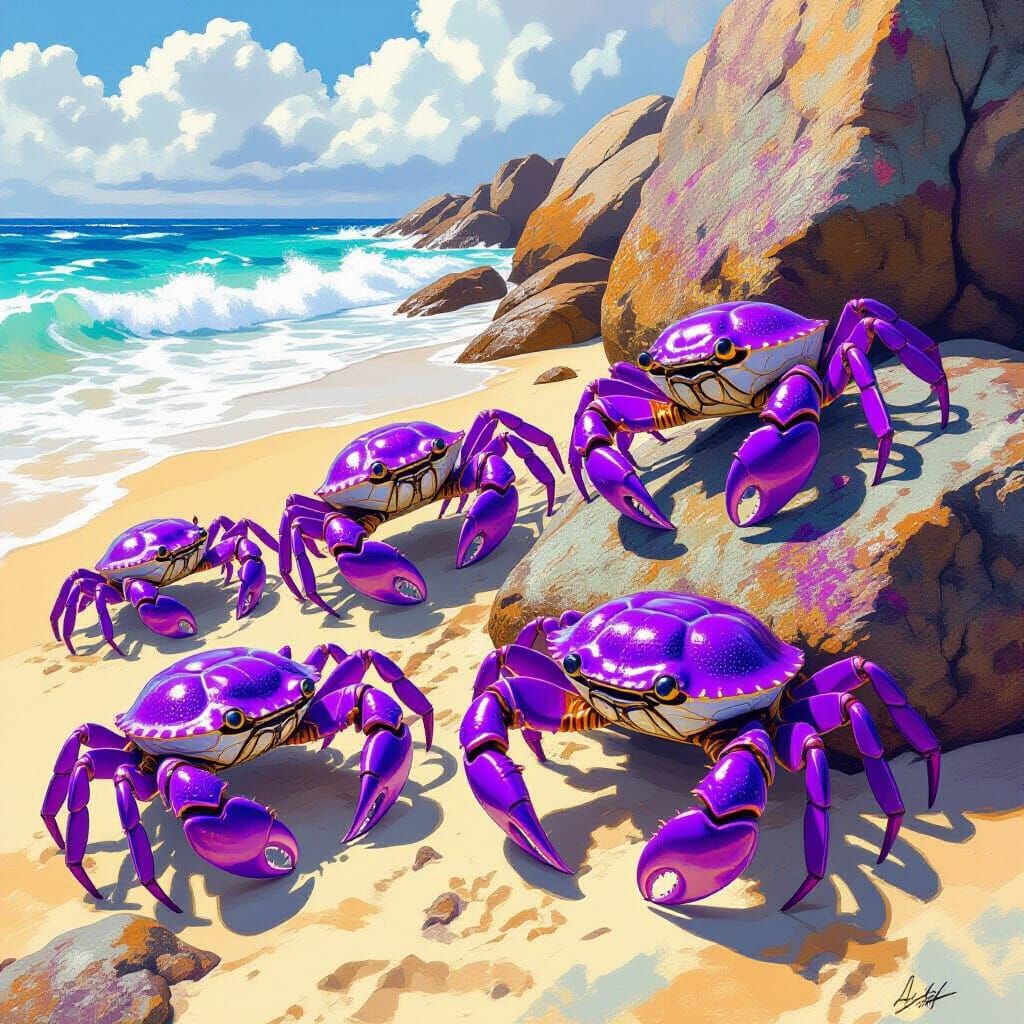 Giant Purple Crabs on Rocky Beach