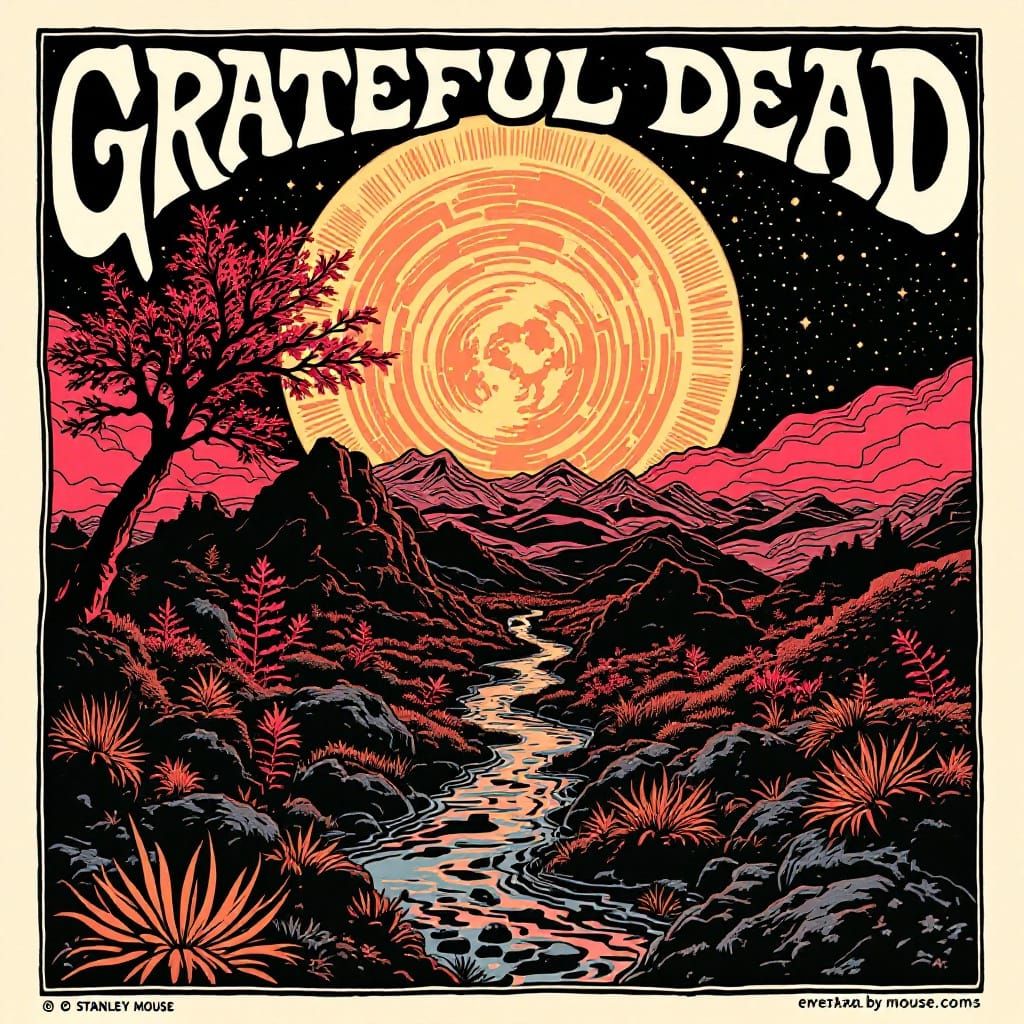 Psychedelic Woodcut Concert Poster in the Style of 1960s Roc...