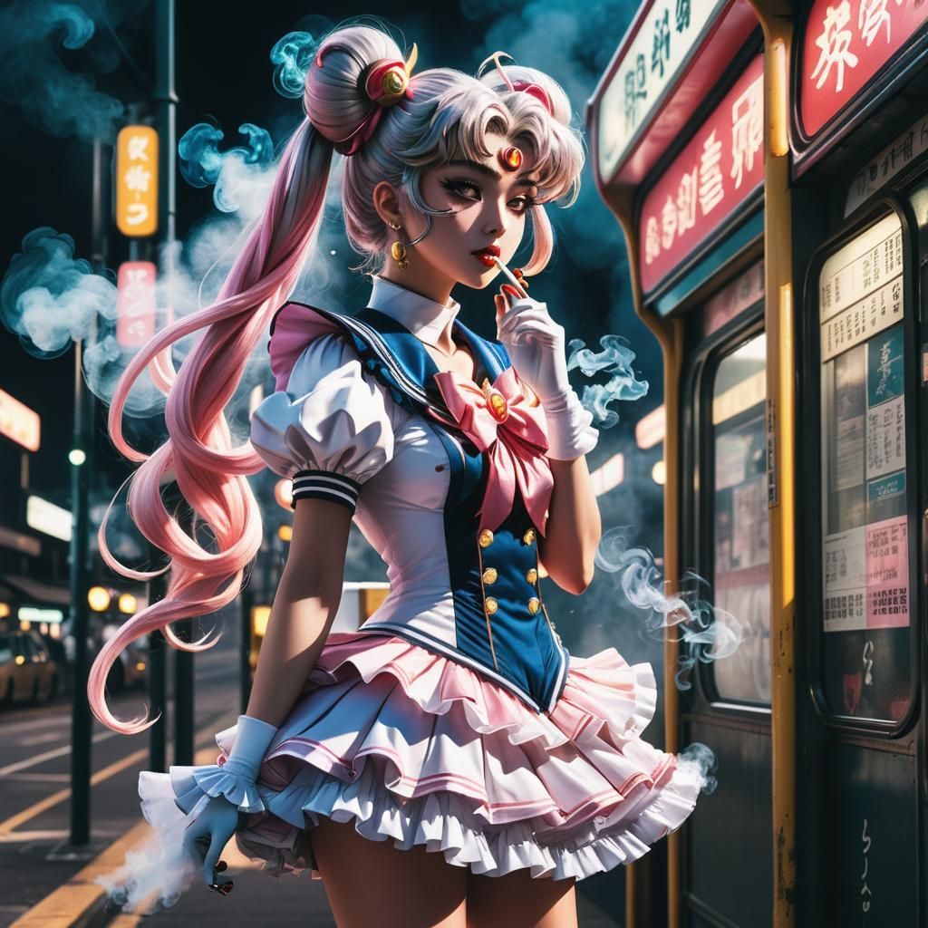 Magical Girl at Gritty Bus Stop in Anime Style