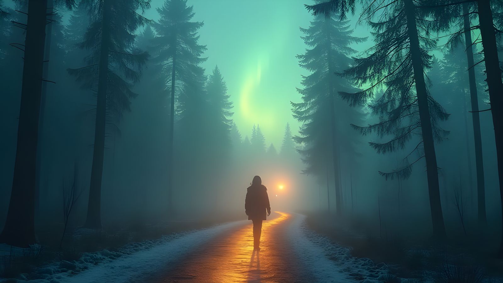 Ethereal Figure on Misty Path Under Northern Lights
