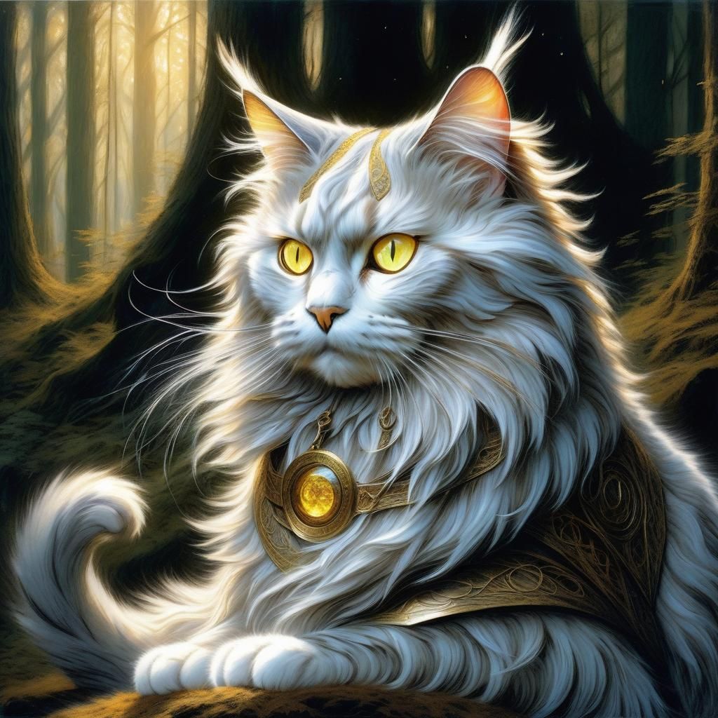 Majestic Furry Cat in Bioluminescent Forest