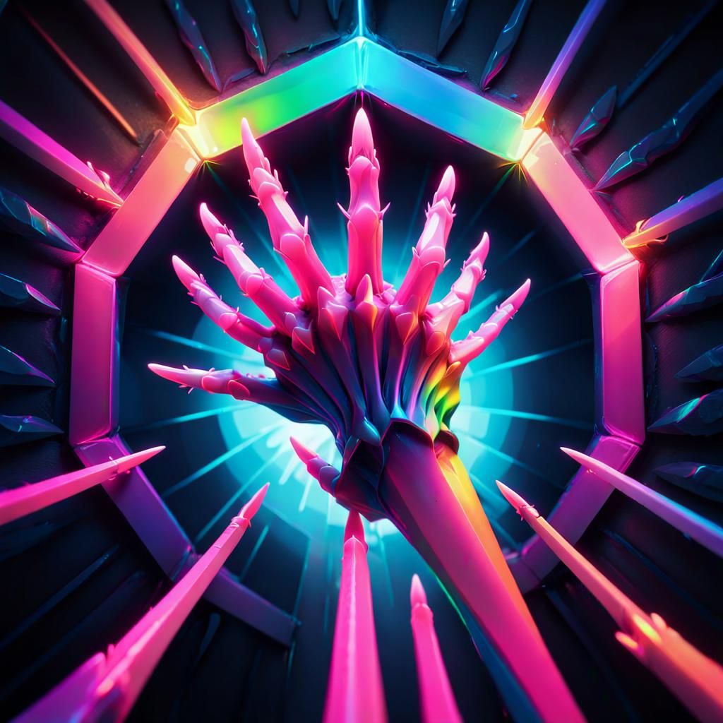 Neon Claws Emerge from Rainbow Tunnel, Surreal Digital Art