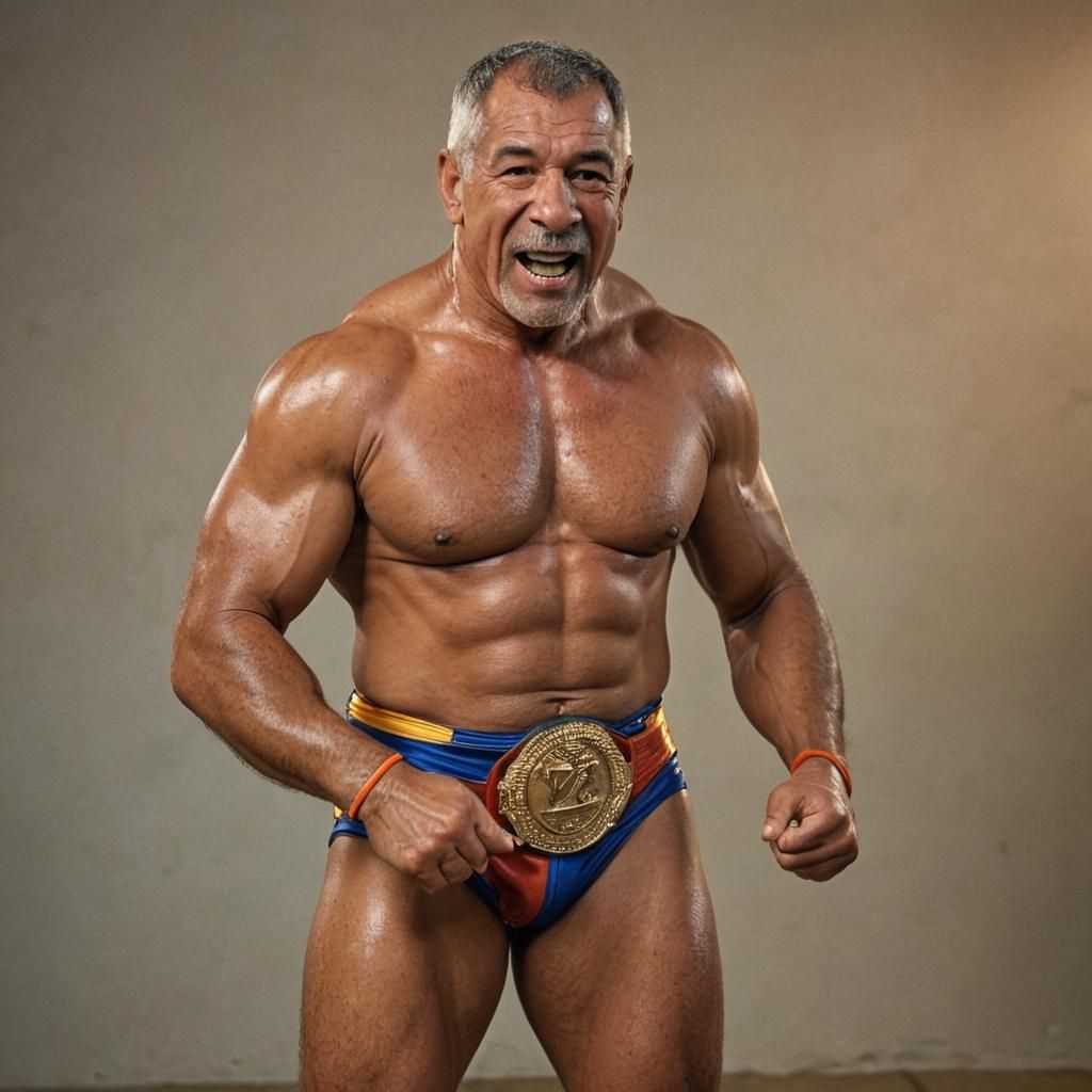 Triumphant Venezuelan Wrestler in Golden Hour Lighting