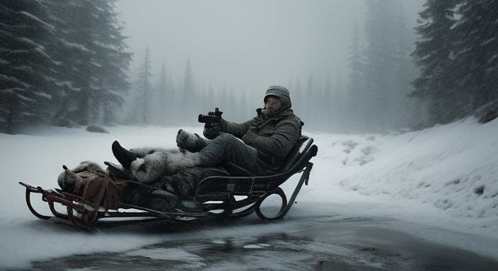 Epic Snowy Wilderness Scene: Wounded Fighter on Dog Sled