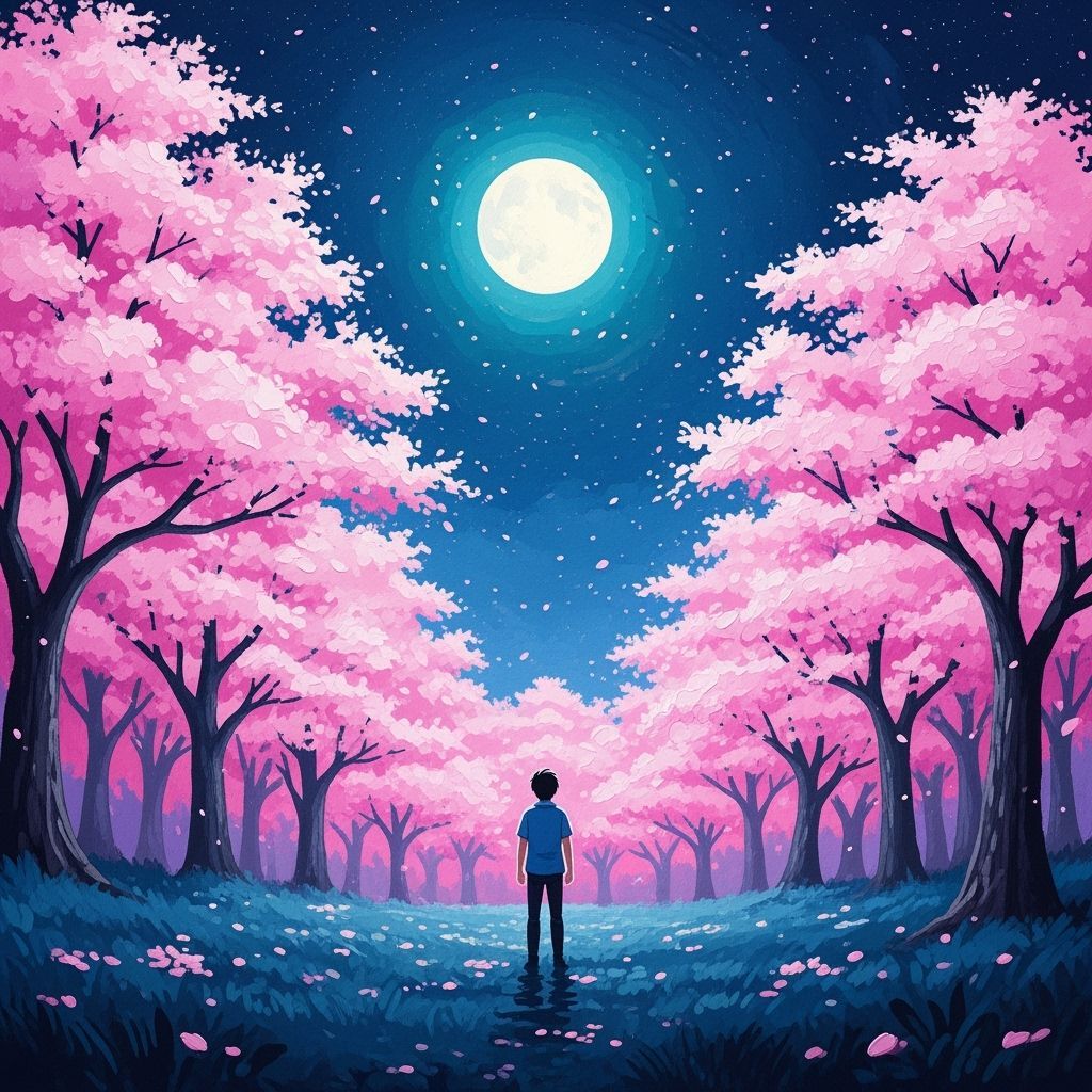 Man in Cherry Blossom Forest Under Full Moon