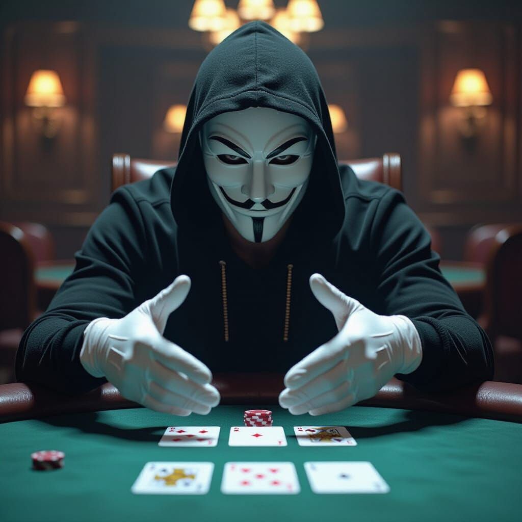 Man in Poker Mask Offers Fate with Playing Cards