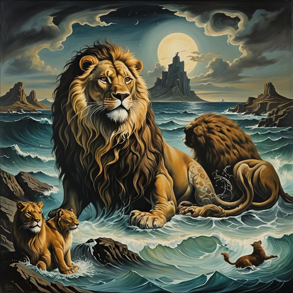 Surreal Selkie with Lion Pelt on Dark Shore