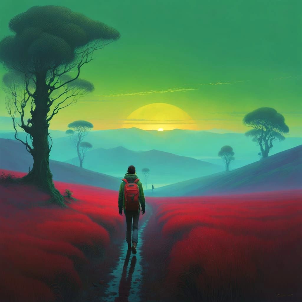 Lone Explorer in Surreal Minimal-Futurist Landscape