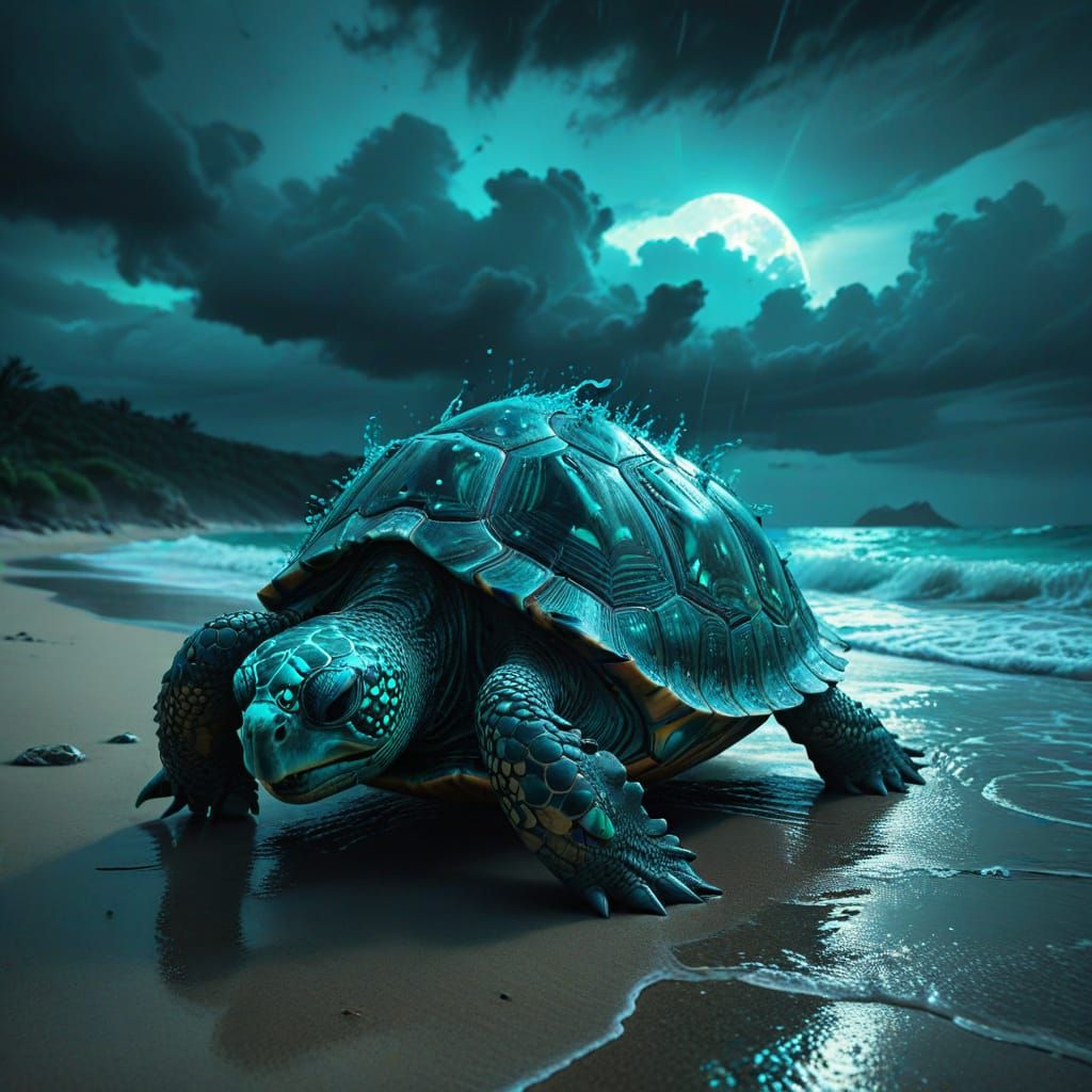Turquoise Tortoise on a Stormy Bioluminescent Beach