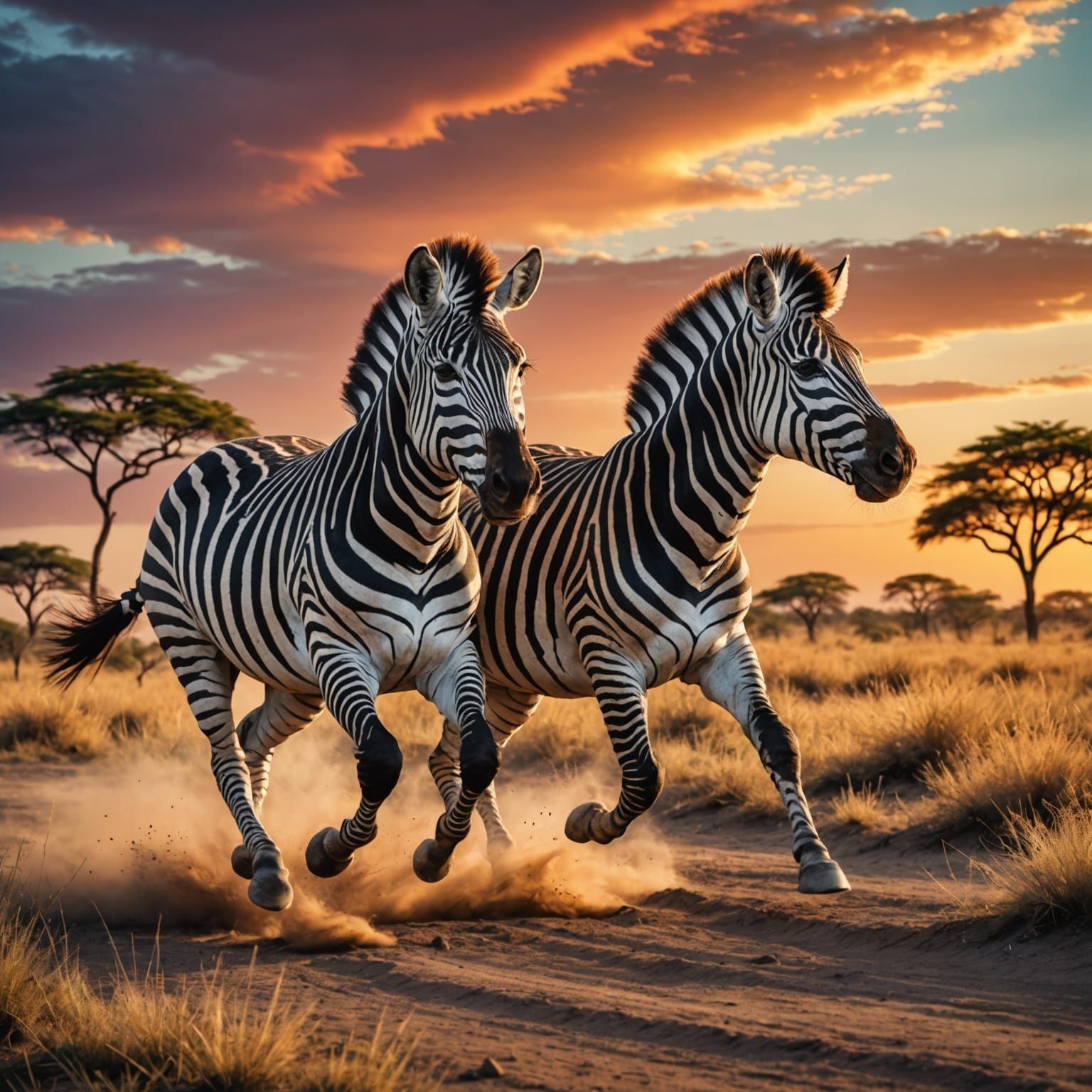Zebras Running in Savannah Under Multicolored Sky