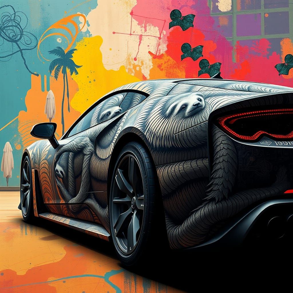 Sloth-Engraved Sports Car in Abstract Art Style
